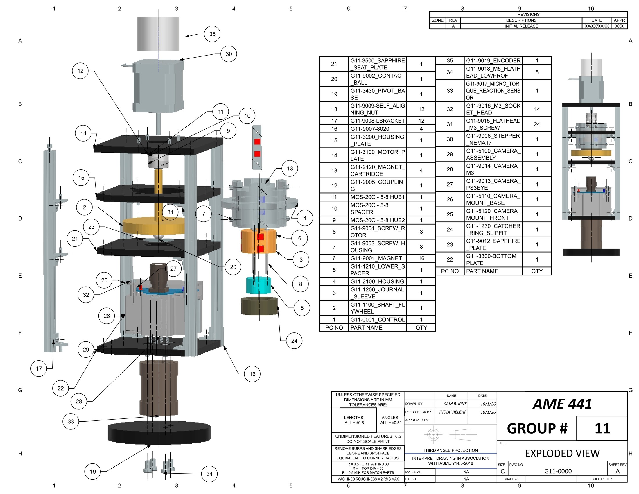 Exploded view drawing of the bearing test rig with a 35-item parts list