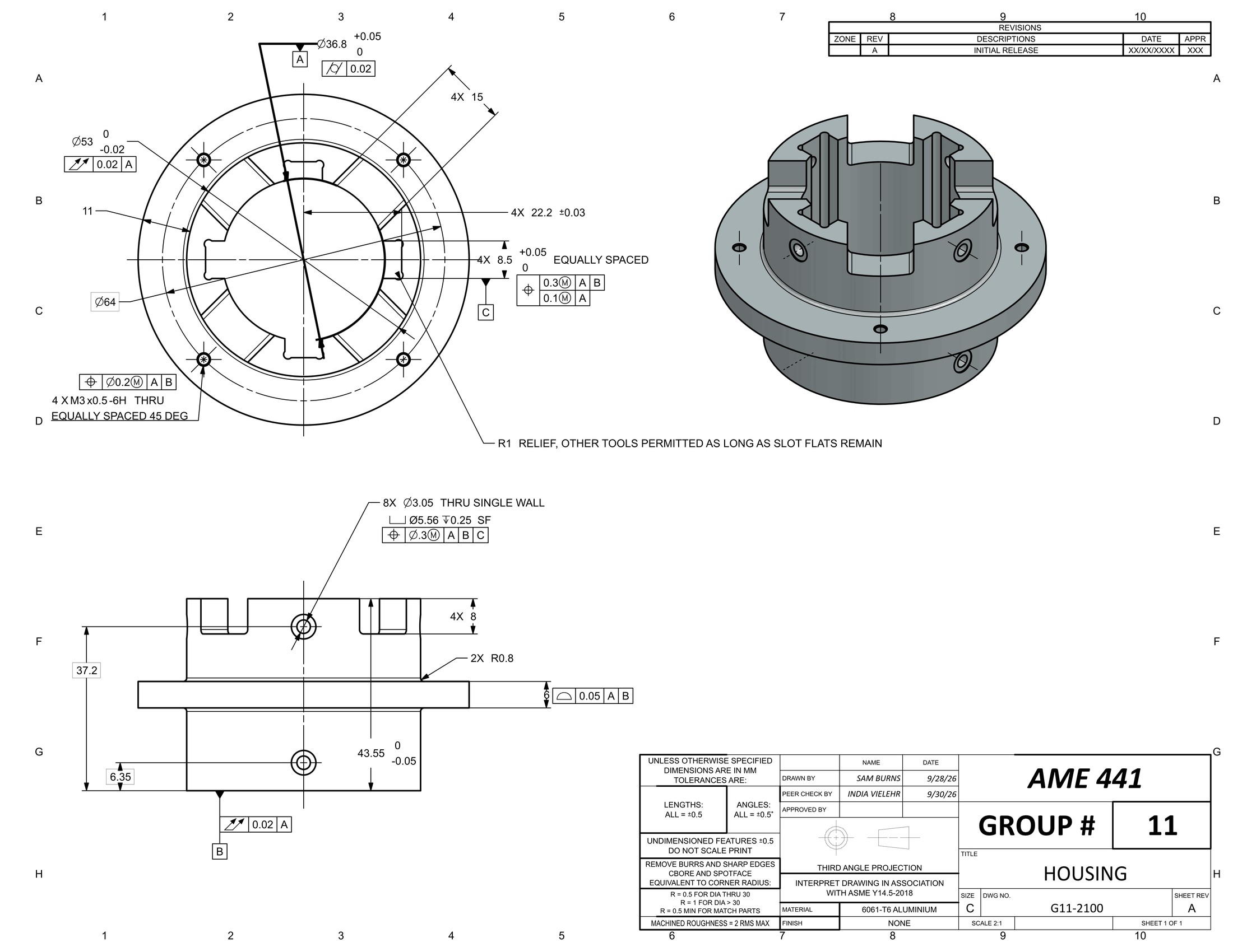 GD&T drawing of the 6061-T6 bearing housing