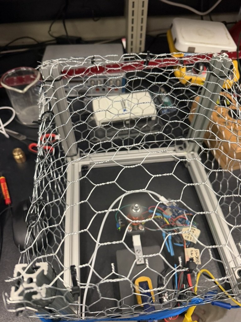 The finished stand inside its mesh guard, seen from above