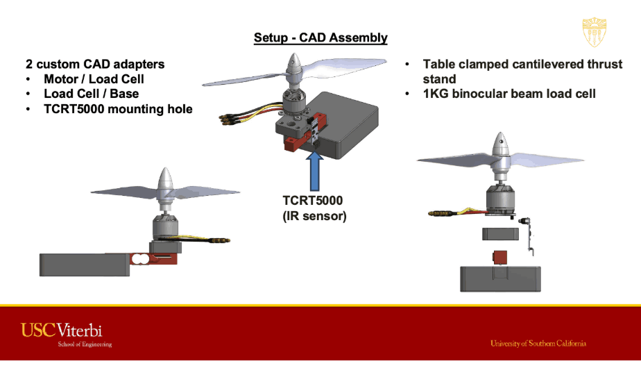CAD assembly — custom adapters, motor mount, sensor housing.